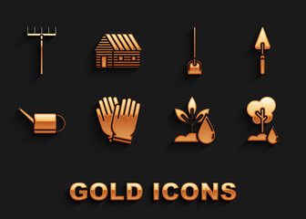 Set Garden gloves, trowel spade or shovel, Watering Tree, plant, can, Shovel, rake and Farm house icon. Vector