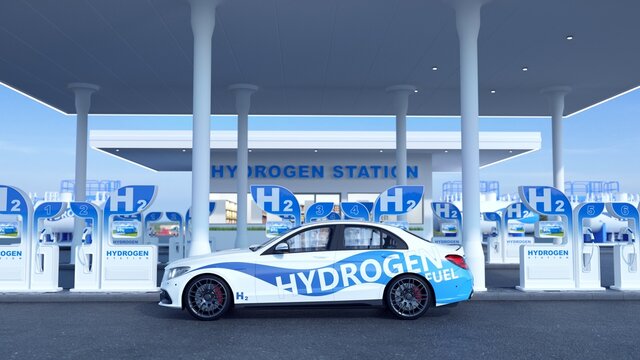 Generic Hydrogen recharge station. Generic Electric vehicle refueling in service area. 