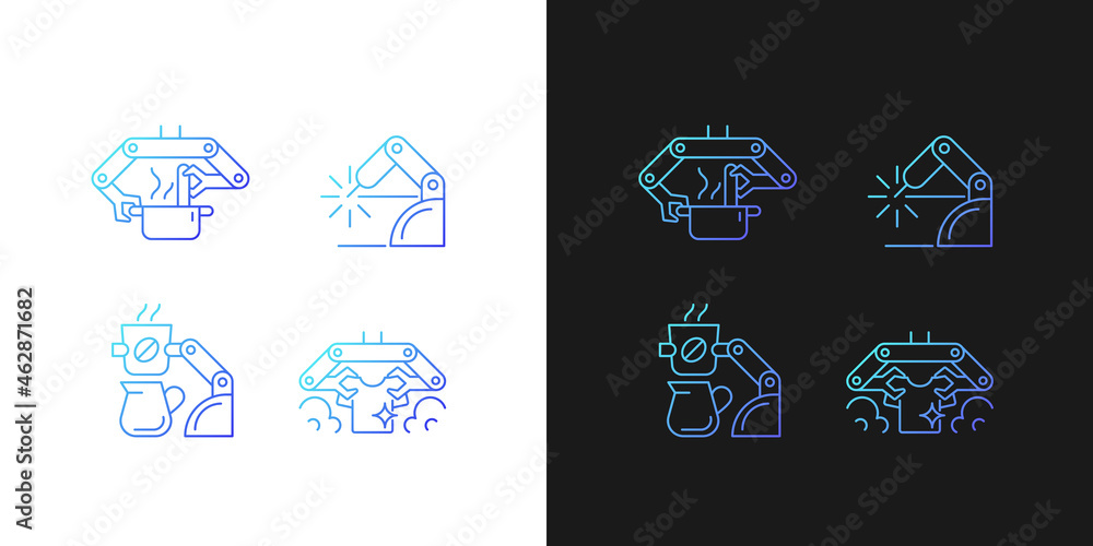 Poster automated mechanical devices gradient icons set for dark and light mode. robotic kitchen. thin line 