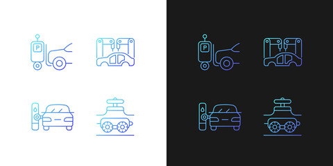 Automation in automobile industry gradient icons set for dark and light mode. Pipeline inspection. Thin line contour symbols bundle. Isolated vector outline illustrations collection on black and white