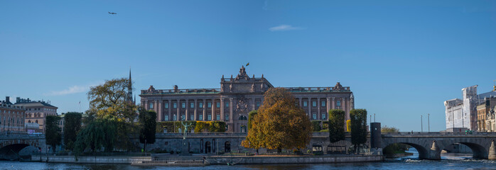 Color full autumn view over the Swedish Parliament building on the island Helgeandsholmen in...
