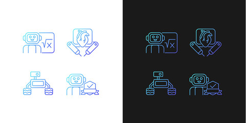 Robotics technology gradient icons set for dark and light mode. Surgical robot. AI in classroom. Thin line contour symbols bundle. Isolated vector outline illustrations collection on black and white