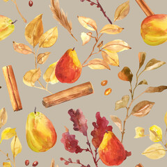Watercolor hand painted fall botanical peaches, leaves, cinnamon sticks and branches illustration seamless pattern, wallpaper, wrapping paper