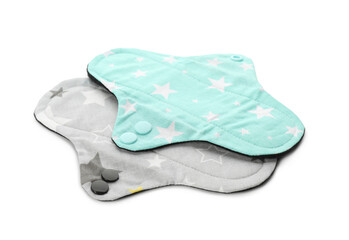 Cloth menstrual pads on white background. Reusable female hygiene product