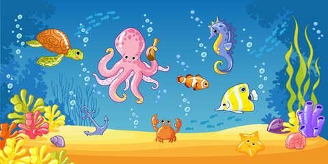Coral reef, underwater world. Octopus, turtle, tropical coral fish, seahorse, starfish, corals, algae. The seabed. Cartoon drawn vector illustration in children's style