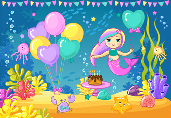 Cute little mermaid. Birthday of the little mermaid, holiday, underwater world, children's party, decor. Vector drawn illustration for kids design. - 462872639