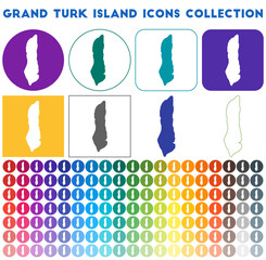 Grand Turk Island icons collection. Bright colourful trendy map icons. Modern Grand Turk Island badge with island map. Vector illustration.