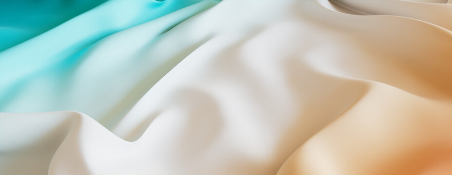 Orange and Cyan Cloth with Wrinkles and Folds. Multicolored Smooth Surface Banner.