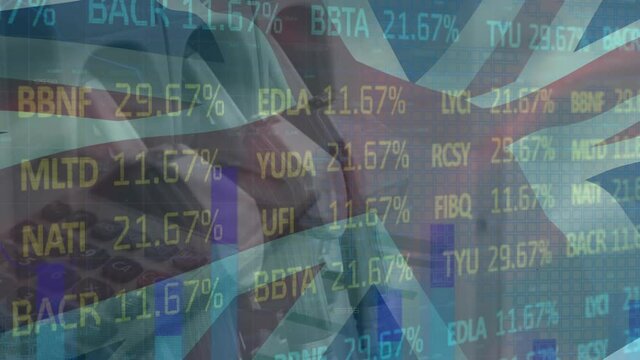 Animation of union jack flag waving over stock market display with changing numbers