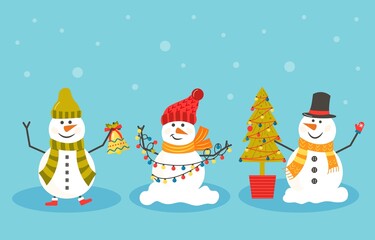 Cheerful christmas snowmen with different presents. Funny snow man wearing hat, scarf with tree. Festive happy xmas holiday cute characters, flat vector cartoon set