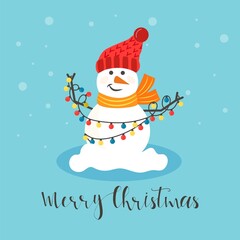 Cheerful christmas snowmen with different presents. Funny snow man wearing hat, scarf with tree. Festive happy xmas holiday cute characters, flat vector cartoon set
