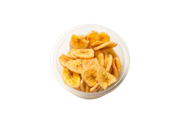 Banana chips isolated on a white background. Dehydrated banana.