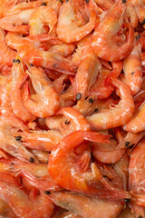 Shrimps background texture. A lot of shrimps. Cooked shrimps.