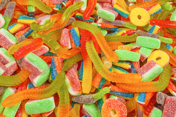 Assorted gummy candies. Top view. Jelly  sweets background.