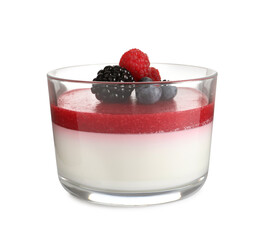 Delicious panna cotta with fruit coulis and fresh berries isolated on white - obrazy, fototapety, plakaty