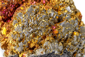 Macro mineral stone  Chalcopyrite on a white background