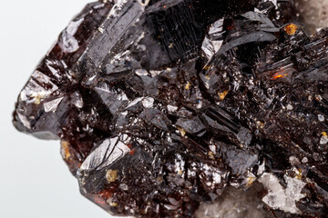 Macro of mineral Sphalerite stone on microcline on white background