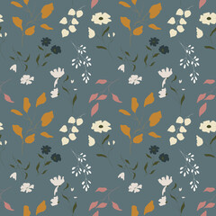 Botanical floral seamless pattern. Hand-drawn meadow flowers and leaves on a blue background perfect for scrapbooking, greeting cards, wrapping paper