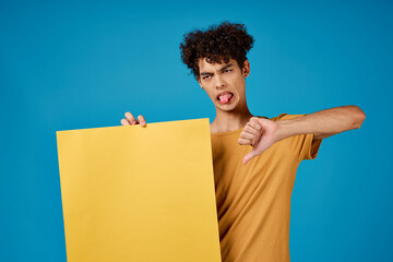 guy holding a banner isolated background studio copy-space