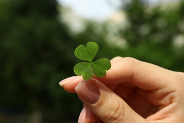 Woman holding green clover leaf outdoors, closeup