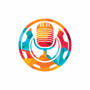 Gear podcast vector logo design template. Cog wheel and mic icon design.