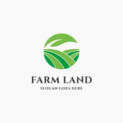 Farmland logo template design vector. Sprout leaf growing in the farm land soil vector icon logo design for agriculture, food crop, hydroponic nursery and farm business.