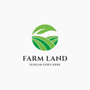 Farmland logo template design vector. Sprout leaf growing in the farm land soil vector icon logo design for agriculture, food crop, hydroponic nursery and farm business.