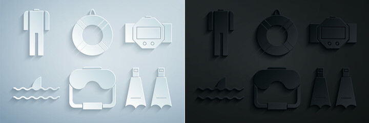 Set Diving mask, watch, Shark fin ocean wave, Rubber flippers for swimming, Lifebuoy and Wetsuit scuba diving icon. Vector © Oksana