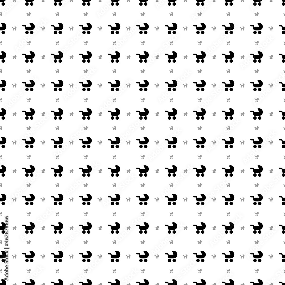Poster square seamless background pattern from black baby carriage symbols are different sizes and opacity.