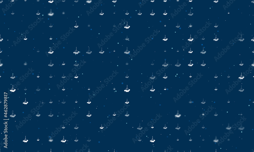 Poster Seamless background pattern of evenly spaced white rowan berrys of different sizes and opacity. Vector illustration on dark blue background with stars