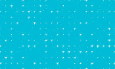 Seamless background pattern of evenly spaced white cosmic symbols of different sizes and opacity. Vector illustration on cyan background with stars