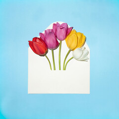 Minimal layout with colorful tulips in envelope on pastel blue background. Romantic tulips and nature flat lay concept.