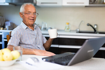 Handsome old man in glasses with mug of tea uses laptop while sitting on chair