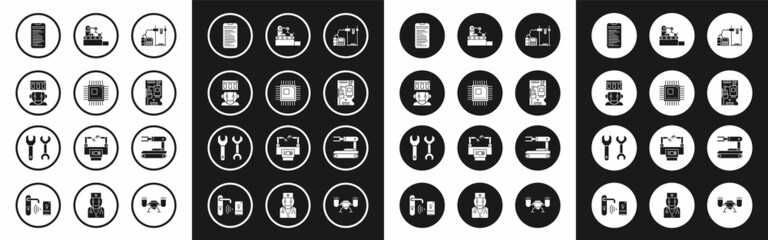 Set 3D printer, Processor with microcircuits CPU, Robot, Computer api interface, Electronic computer components motherboard digital chip, Factory conveyor system belt, and Spanner icon. Vector