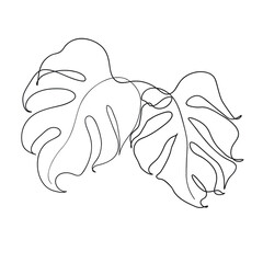 Abstract Monstera leaves one line drawing art. Continuous line drawing. Monstera contour drawing.Minimalism art. Modern minimal black and white illustration.