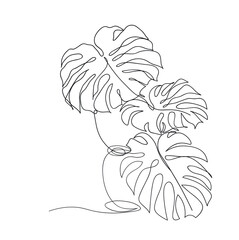 Fototapeta premium Abstract Monstera leaves with a clean pot one line drawing art. Continuous line drawing. Monstera contour drawing.Minimalism art. Modern minimal black and white illustration for printing.Vector Minima
