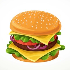 Vector hamburger with cutlet, cheese, green lettuce, tomato and onion rings isolated on a white background