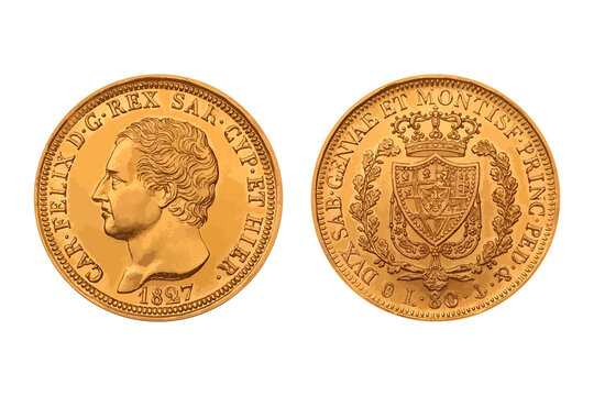 Gold coin. Italy.  Sardinia.  80 Lire 1827 Vector illustration.