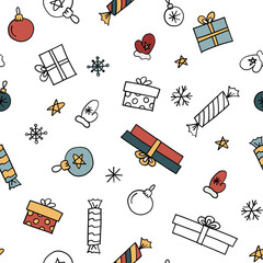 Seamless pattern in doodle style. Toys, gifts, stars and snowflakes hand-drawn on a white background.