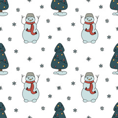 Snowmen, Christmas trees and snowflakes on a white background. Seamless pattern of manual drawing. For fabric and paper design.