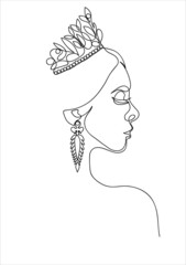 Girl face with a tiara and diamond earrings with  continuous line drawing. Abstract minimal woman portrait, fashion concept, woman beauty minimalist, slogan design print graphics style,vector illustra © vensto