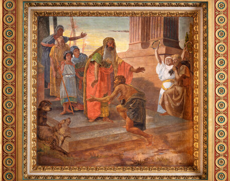 ROME, ITALY - AUGUST 31, 2021: The ceiling fresco of parable of Prodigal son in the church Chiesa del Sacro Cuore di Ges&ugrave; by Virginio Monti (1852 - 1942).