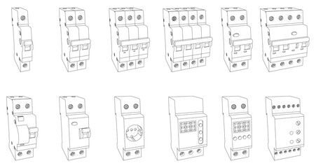 Vector set of switchboard elements for fuse control box - safety circuit breaker, relay, residual current circuit breaker