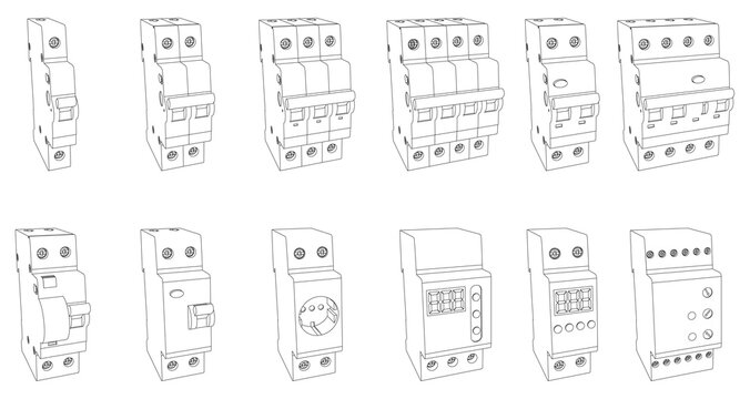 Vector set of switchboard elements for fuse control box - safety circuit breaker, relay, residual current circuit breaker