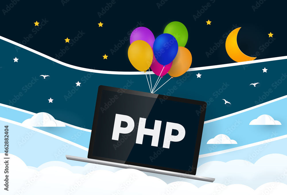 Poster php programing language.. balloons carries laptop with word php