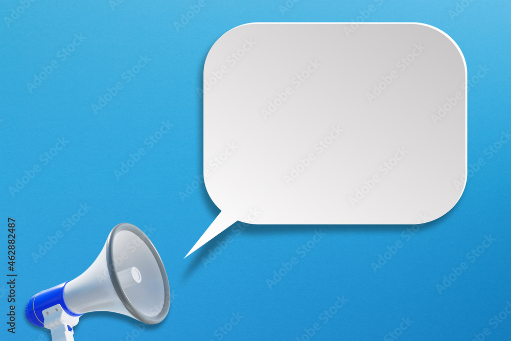 Poster megaphone with blank white speech bubble on blue background. template with copy space for text for d