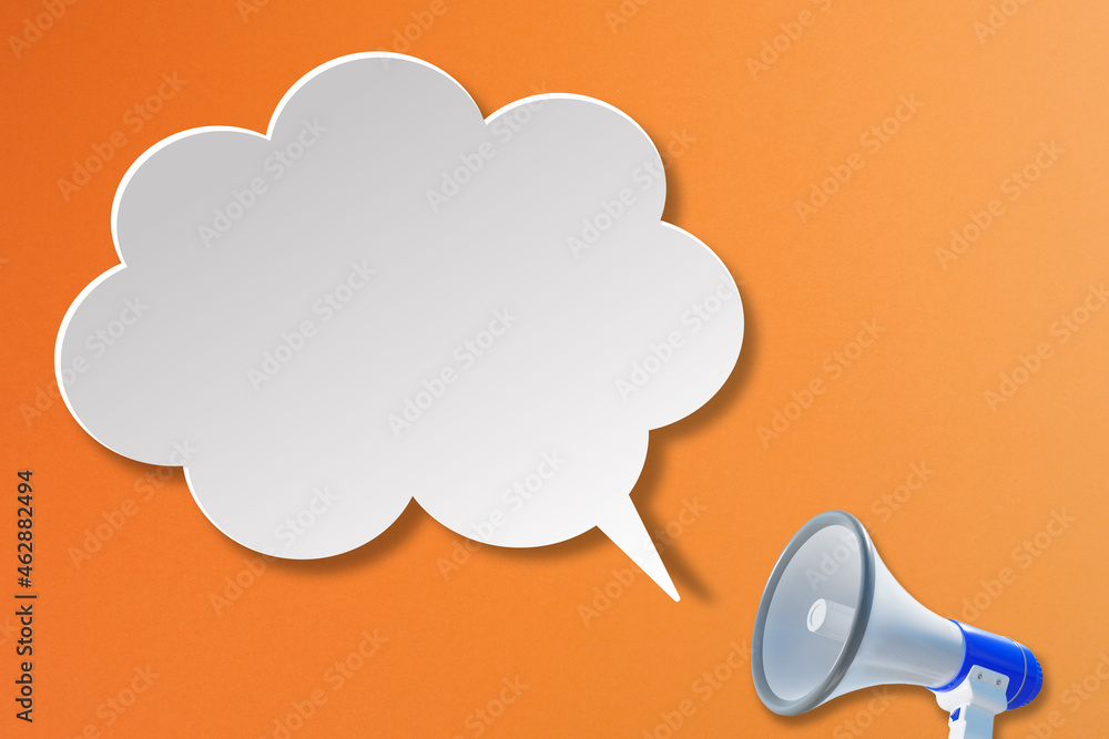 Poster megaphone with blank white speech bubble on orange background. template with copy space for text for