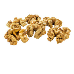 Handful of peeled walnuts isolated on white background. Close-up