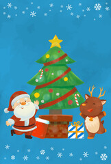 クリスマスツリーの前でにこやかに笑うサンタとトナカイのイラスト