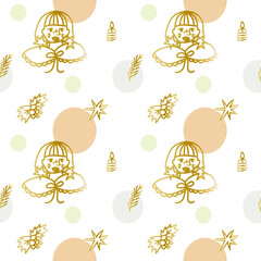 Seamless vector pattern Christmas in gold and champagne color. Repeating, winter, festive, hand drawn in doodle style.Design for textiles, fabric,wrapping paper, scrapbook paper, packaging.